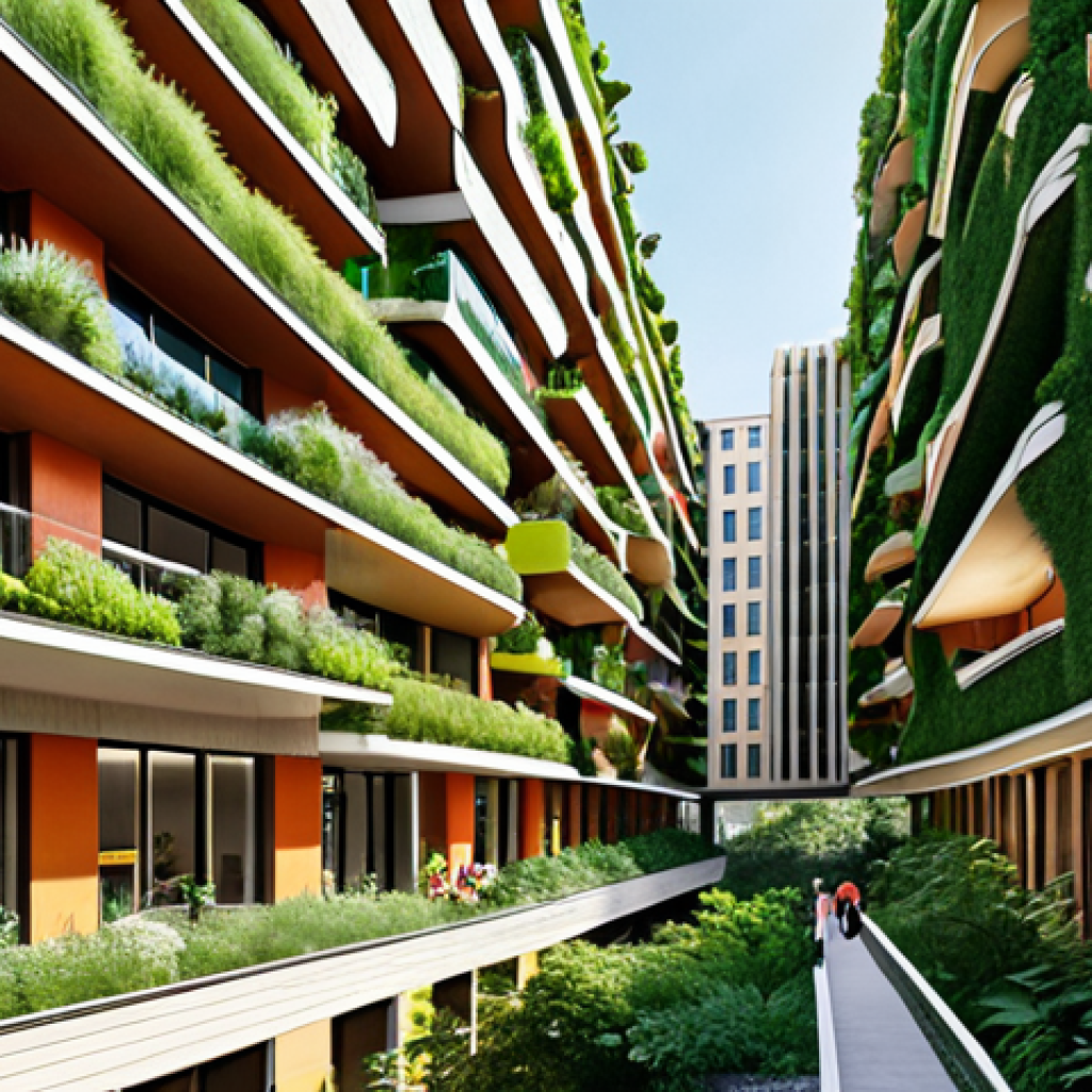 Biophilic Urban Oasis**
A vibrant and modern Italian city, reminiscent of Milan's innovative spirit, showcasing advanced biophilic architecture. The image should feature a prominent residential or office tower with lush 'vertical forest' style greenery cascading down its facade, seamlessly integrated with other buildings that boast extensive green roofs and living walls. The scene is bright and optimistic, emphasizing clean air and the harmonious blend of cutting-edge urban design with abundant, thriving nature. People are visible enjoying outdoor green spaces at ground level, which are organically connected to the green structures above. Architectural style: contemporary Italian, with a strong focus on sustainable design and natural elements.

**