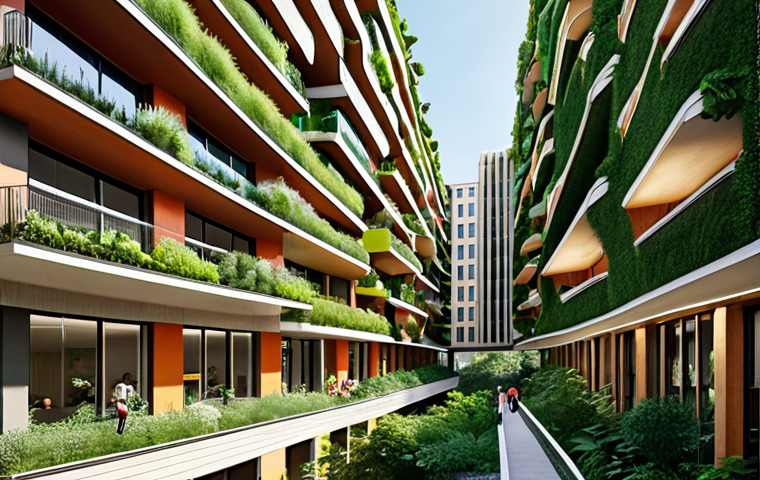 Biophilic Urban Oasis**
A vibrant and modern Italian city, reminiscent of Milan's innovative spirit, showcasing advanced biophilic architecture. The image should feature a prominent residential or office tower with lush 'vertical forest' style greenery cascading down its facade, seamlessly integrated with other buildings that boast extensive green roofs and living walls. The scene is bright and optimistic, emphasizing clean air and the harmonious blend of cutting-edge urban design with abundant, thriving nature. People are visible enjoying outdoor green spaces at ground level, which are organically connected to the green structures above. Architectural style: contemporary Italian, with a strong focus on sustainable design and natural elements.

**