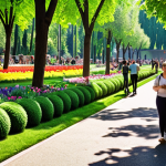 **Prompt:** Lush urban park in Milan, Italy, filled with people enjoying nature, vibrant flowers, green trees, sunny day, happy atmosphere, promoting urban green spaces. Style: Impressionistic, soft lighting.