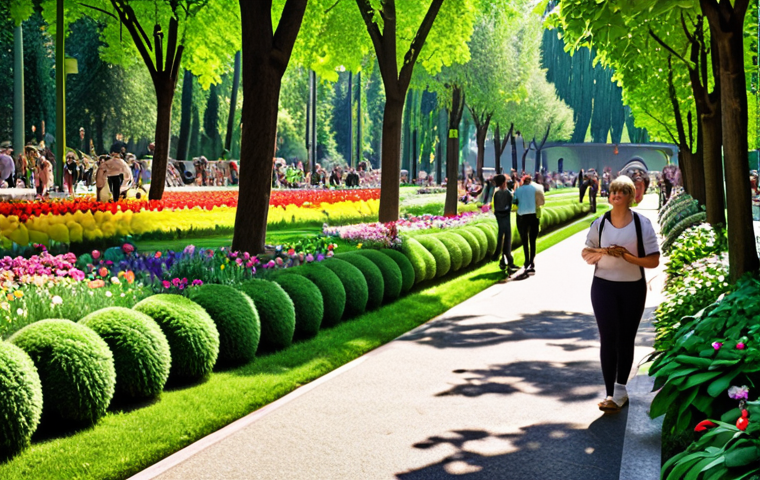 **Prompt:** Lush urban park in Milan, Italy, filled with people enjoying nature, vibrant flowers, green trees, sunny day, happy atmosphere, promoting urban green spaces. Style: Impressionistic, soft lighting.