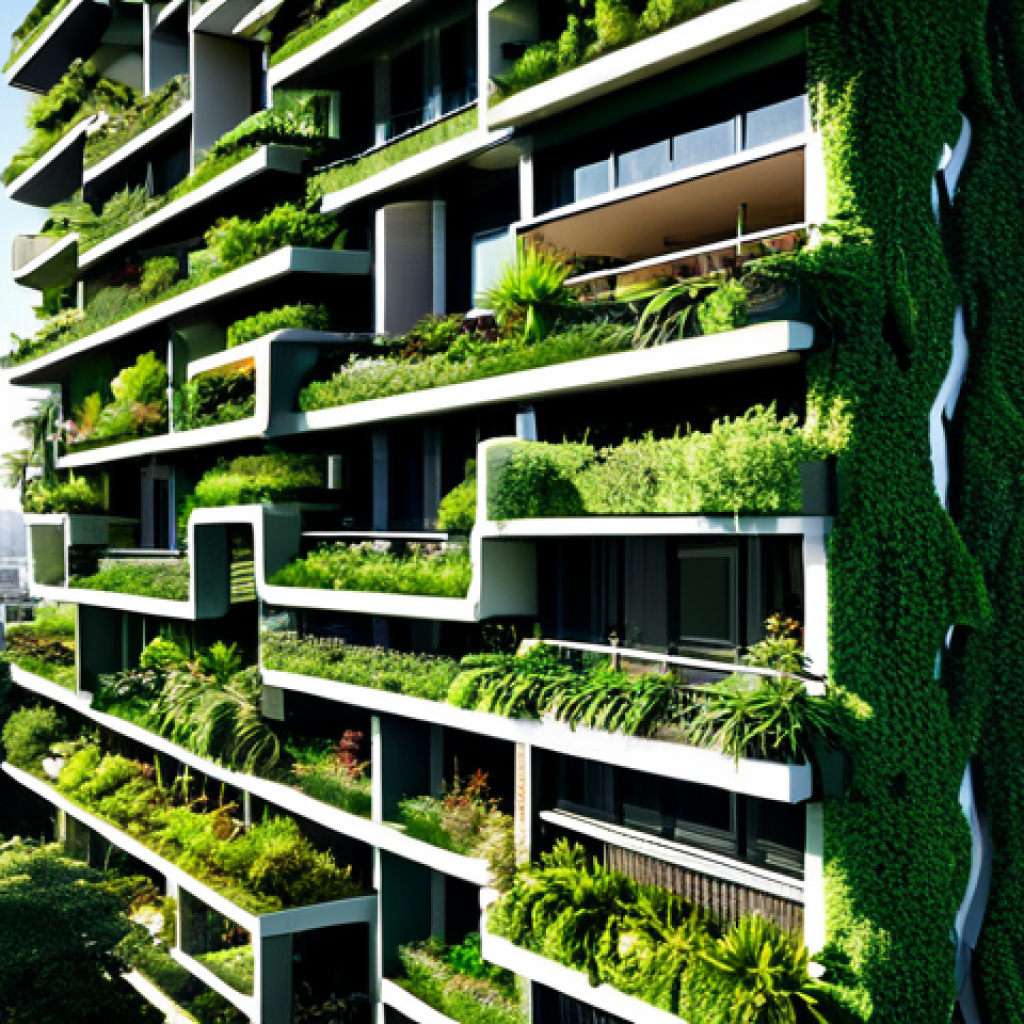 A modern high-rise building seamlessly integrated with lush vertical gardens and expansive green roofs in a bustling metropolis. The building's facades are covered in a rich variety of plants, including mature trees on balconies and cascading vines, creating a vibrant, living structure that stands out against a backdrop of urban architecture. Sunlight illuminates the scene, highlighting the dense foliage and clean lines of the building, symbolizing urban innovation and environmental harmony.