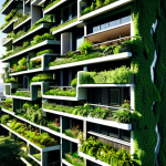 Home 8 A modern high-rise building seamlessly integrated with lush vertical gardens and expansive green roofs in a bustling metropolis. The building's facades are covered in a rich variety of plants, including mature trees on balconies and cascading vines, creating a vibrant, living structure that stands out against a backdrop of urban architecture. Sunlight illuminates the scene, highlighting the dense foliage and clean lines of the building, symbolizing urban innovation and environmental harmony.