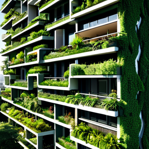 Home 20 A modern high-rise building seamlessly integrated with lush vertical gardens and expansive green roofs in a bustling metropolis. The building's facades are covered in a rich variety of plants, including mature trees on balconies and cascading vines, creating a vibrant, living structure that stands out against a backdrop of urban architecture. Sunlight illuminates the scene, highlighting the dense foliage and clean lines of the building, symbolizing urban innovation and environmental harmony.