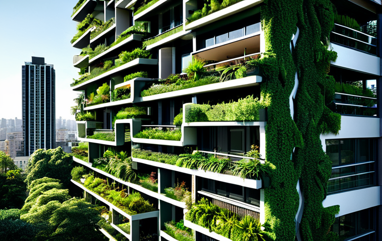 A modern high-rise building seamlessly integrated with lush vertical gardens and expansive green roofs in a bustling metropolis. The building's facades are covered in a rich variety of plants, including mature trees on balconies and cascading vines, creating a vibrant, living structure that stands out against a backdrop of urban architecture. Sunlight illuminates the scene, highlighting the dense foliage and clean lines of the building, symbolizing urban innovation and environmental harmony.