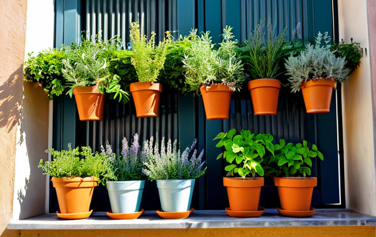 Balcony Oasis**
A vibrant balcony garden in Rome, Italy, overflowing with potted herbs (rosemary, sage, thyme), colorful geraniums, and trailing ivy. The balcony features terracotta pots and recycled wooden crates. A watering can sits beside the plants. A few butterflies flit among the flowers. The scene is bathed in warm sunlight. Focus on the textures of the plants and the rustic charm of the containers. fully clothed, appropriate content, safe for work, perfect anatomy, natural proportions, professional, modest, family-friendly.
**