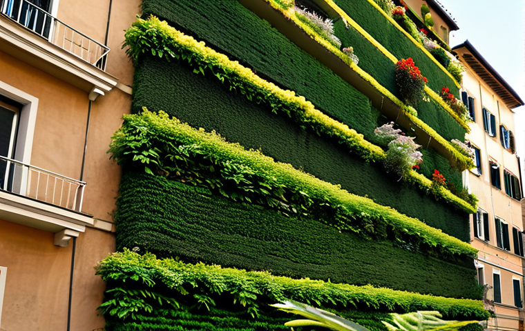 **

"A lush vertical garden covering the side of a modern apartment building in Rome. Various flowering plants and greenery thrive. Fully clothed maintenance workers tending to the garden. Safe for work, appropriate content, professional architecture photography, perfect anatomy, natural proportions, high quality, daytime, bright lighting, professional, modest, family-friendly."

**