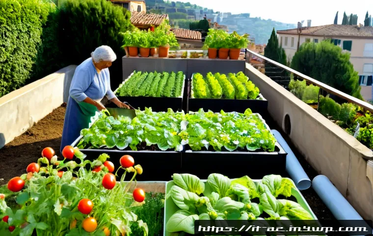 Home 15 생물다양성을 위한 도시농업의 중요성 - Photorealistic rooftop urban farm in a historic Italian city, raised vegetable beds filled with toma...