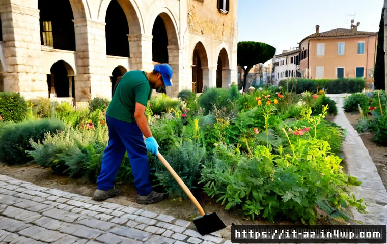 Home 17 도시 내 침입 식물 관리 방법 - Photorealistic urban park in an Italian city, municipal gardener in protective gloves carefully remo...