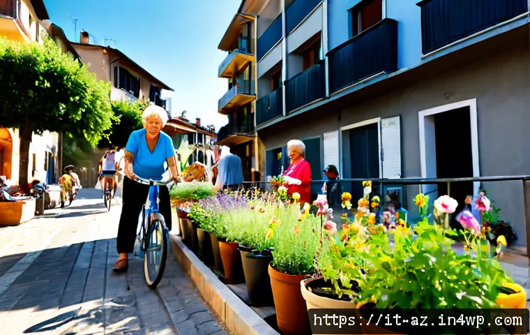 Home 17 도시에서의 생물다양성 보호를 위한 시민의 역할 - Photorealistic sunny Italian city neighborhood, diverse adult residents and a smiling senior citizen...